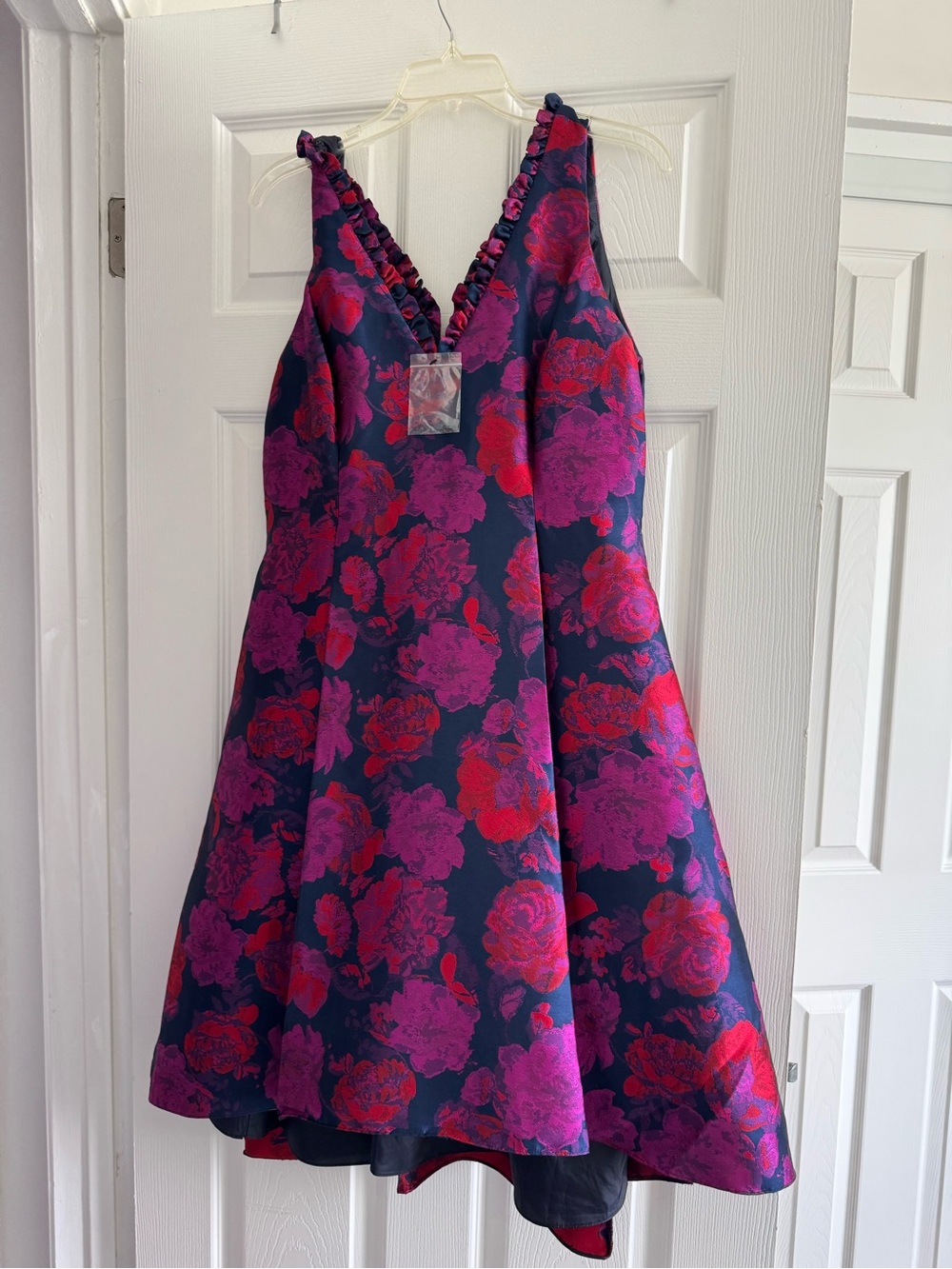 Adrianna Papell Magenta and Navy Floral High-Low V-Neck Dress - Picture 3 of 4